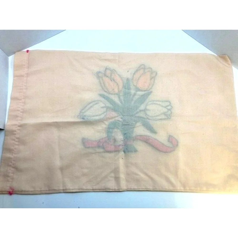 2 Vtg Handmade Pillow Cases Yellow & White Tulips & Pink Bow‎ Loop Puch Stitch